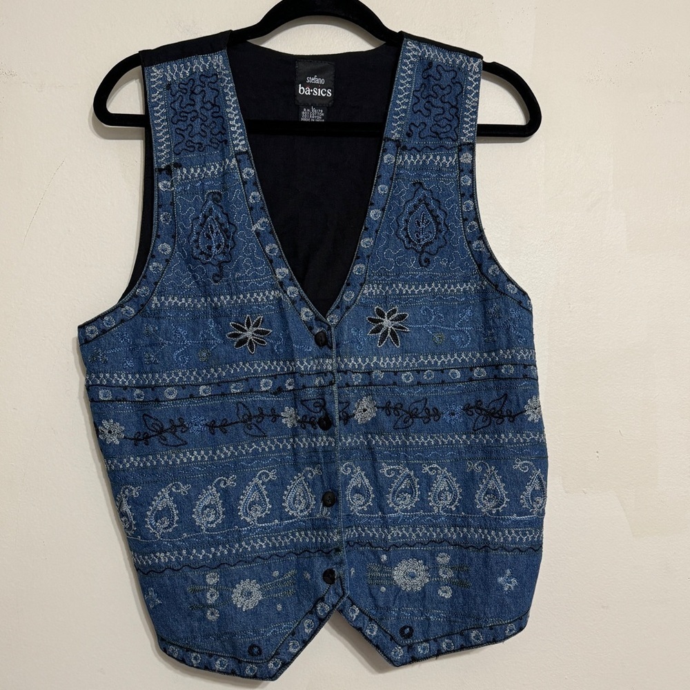 Stefano Denim Paisley Floral Embroidered Vest Size L